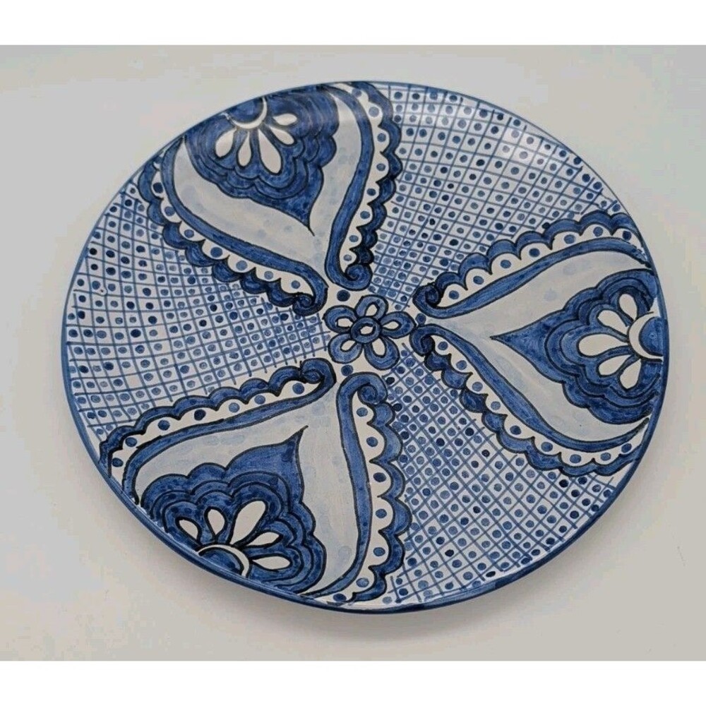 Vtg Talavera Blue & White Hand Painted 10” Plate Dish Mexican Pottery Plate Wall